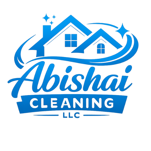 Blue and white logo for Abishai Cleaning LLC with stylized houses